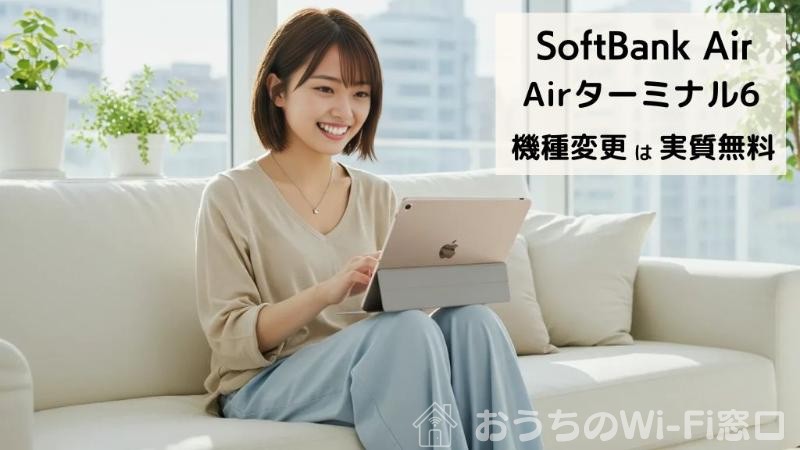 リビングのソファーに座って、ソフトバンクエアーのWi-Fiを使って、iPadでインターネット検索している女性