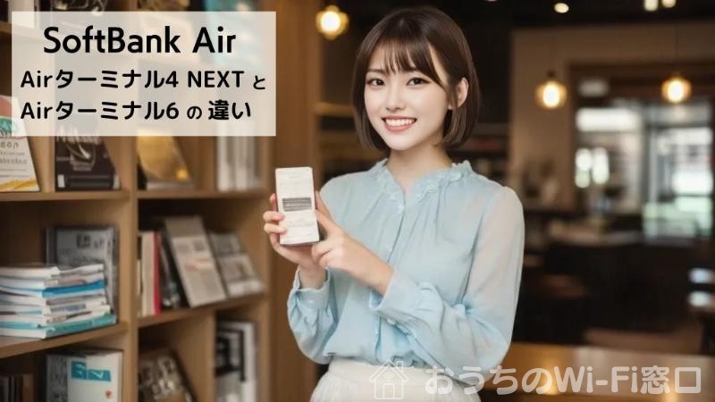 書斎で、ソフトバンクエアーのWi-Fiを使って、スマートフォンで調べ物をしている女性