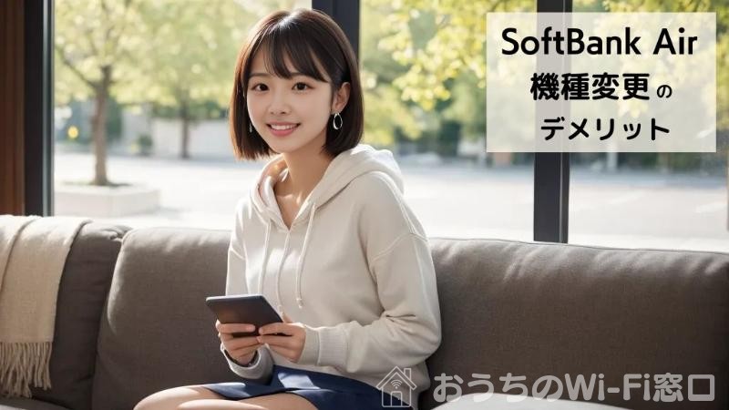 リビングのソファーで、ソフトバンクエアーのWi-Fiを使って、スマートフォンで調べ物をしている女性