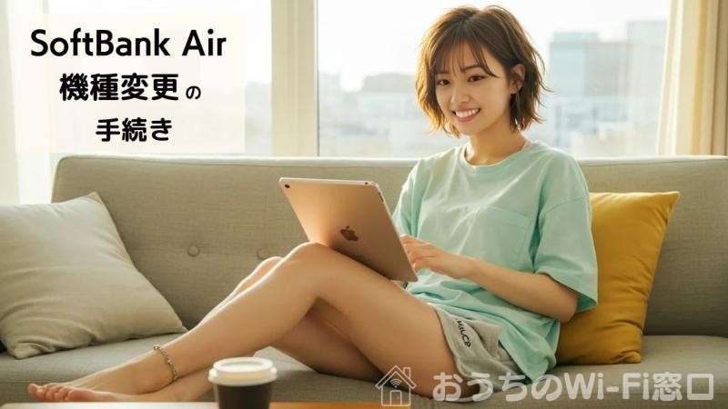 リビングのソファーで、ソフトバンクエアーのWi-Fiを使って、iPadでインターネット検索している女性