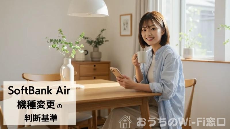 ダイニングテーブルで、ソフトバンクエアーのWi-Fiを使って、スマートフォンでインターネット検索している女性