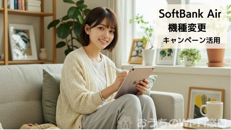 リビングのソファーで、ソフトバンクエアーのWi-Fiを使って、iPadでインターネット検索している女性