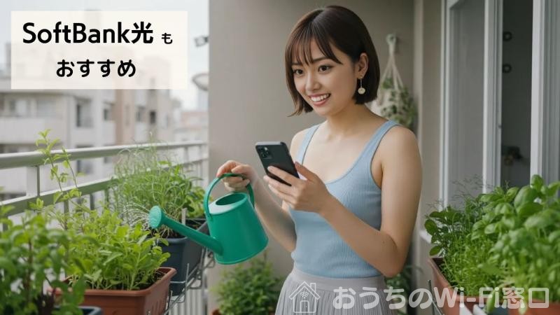 バルコニーで、ソフトバンクエアーのWi-Fiを使って、スマートフォンでハンズフリー通話をしている女性