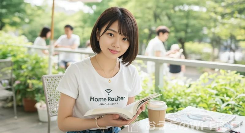 Home Routerのロゴ付きTシャツを着て、カフェテラスで本を読んでいる若い日本人女性