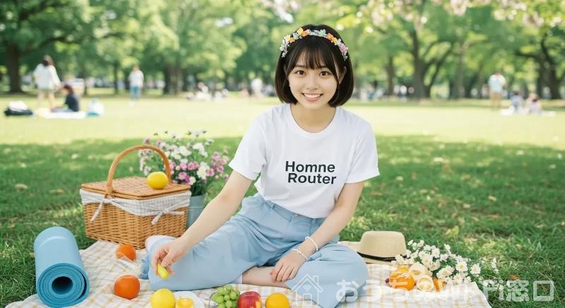 Home Routerのロゴ付きTシャツを着て、公園でヨガをしている若い日本人女性