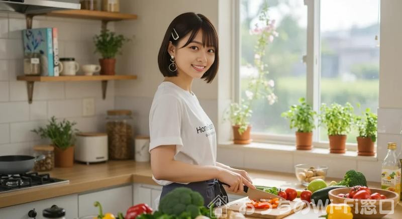 Home Routerのロゴ付きTシャツを着て、キッチンで料理をしている若い日本人女性