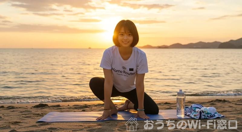 Home Routerのロゴ付きTシャツを着て、浜辺でヨガをしている若い日本人女性