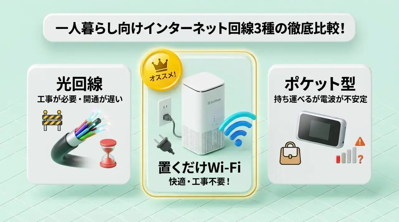 一人暮らし向けネット回線3種類の違いを徹底比較