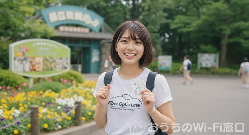 Fiber optic lineのロゴ付きTシャツを着て、動物園の入口で立っている若い日本人女性
