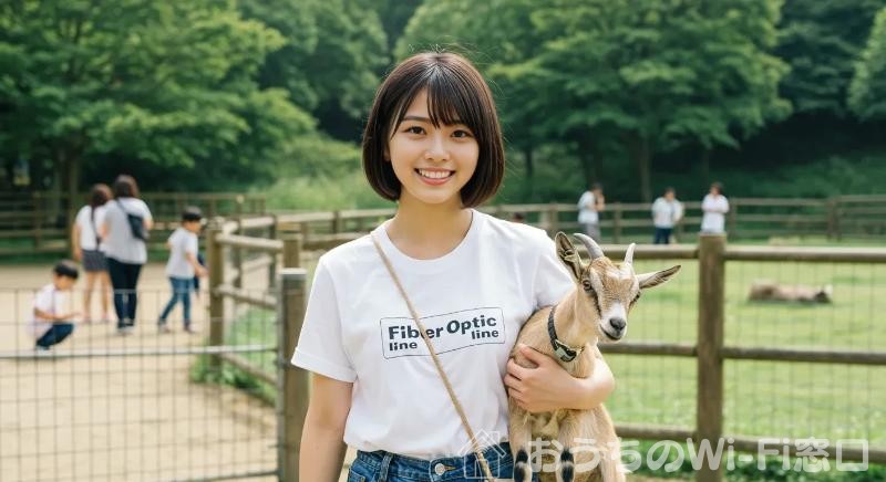 Fiber optic lineのロゴ付きTシャツを着て、ヤギとふれあっている若い日本人女性