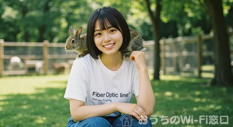 Fiber optic lineのロゴ付きTシャツを着て、ウサギとふれあっている若い日本人女性