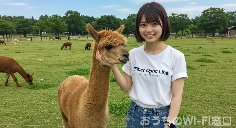 Fiber optic lineのロゴ付きTシャツを着て、アルパカとふれあっている若い日本人女性