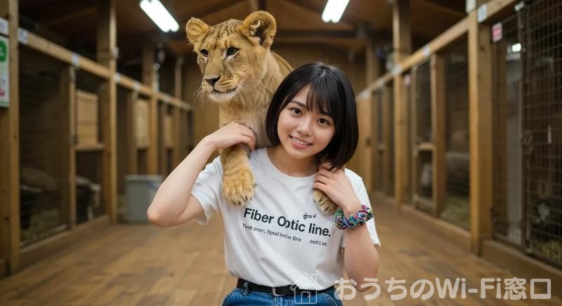 Fiber optic lineのロゴ付きTシャツを着て、ライオンとふれあっている若い日本人女性
