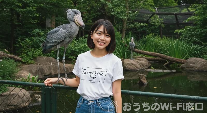 Fiber optic lineのロゴ付きTシャツを着て、ハシビロコウとふれあっている若い日本人女性