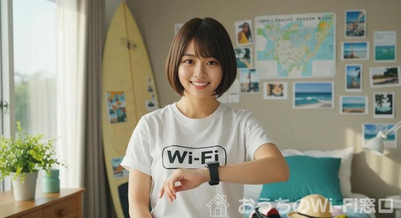 リビングでWi-Fiに繋がっているスマートウォッチを確認している若い日本人女性