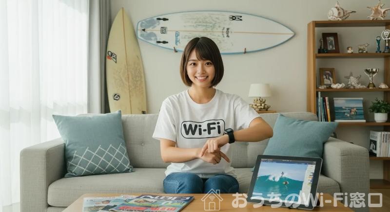 リビングでWi-Fiに繋がっているスマートウォッチを確認している若い日本人女性