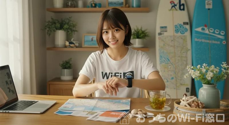 リビングでWi-Fiに繋がっているスマートウォッチを確認している若い日本人女性