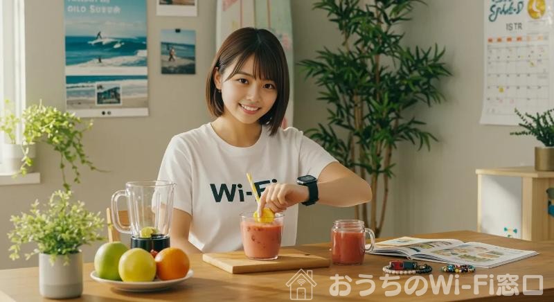ダイニングテーブルでWi-Fiに繋がっているスマートウォッチを確認している若い日本人女性