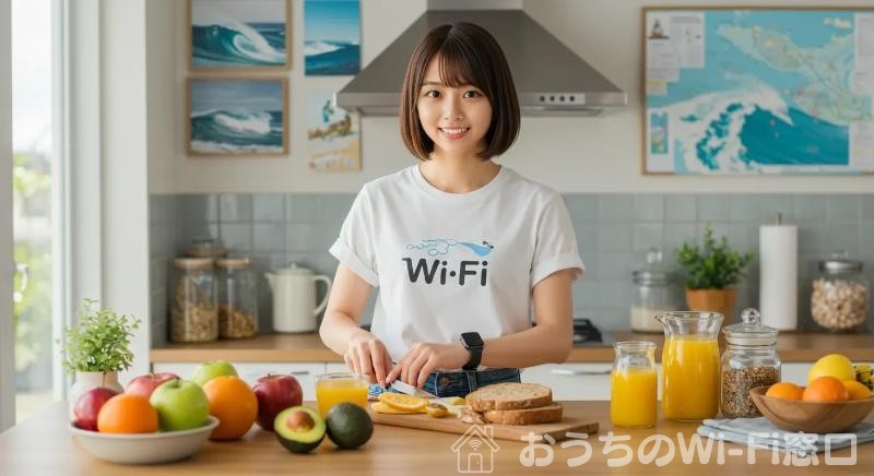 キッチンで、Wi-Fiに繋がったスマートウォッチを使いながら、食材を切っている若い日本人女性
