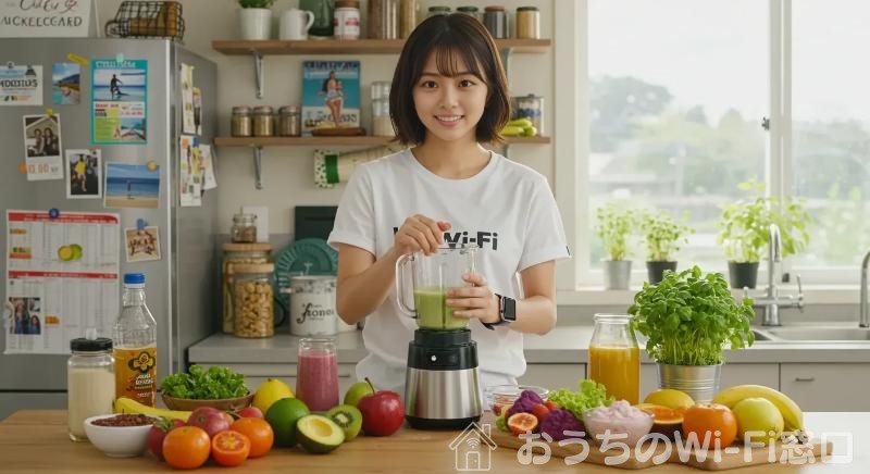 キッチンでWi-Fiに繋がっているスマートウォッチを確認している若い日本人女性