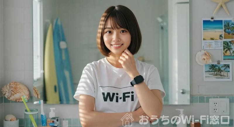 洗面所でWi-Fiに繋がっているスマートウォッチを確認している若い日本人女性