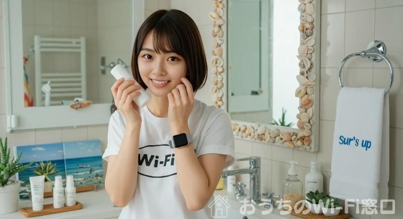 洗面所でWi-Fiに繋がっているスマートウォッチを確認している若い日本人女性