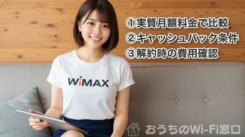 リビングでWiMAXのWi-Fiを使ってインターネットを楽しでいる若い女性