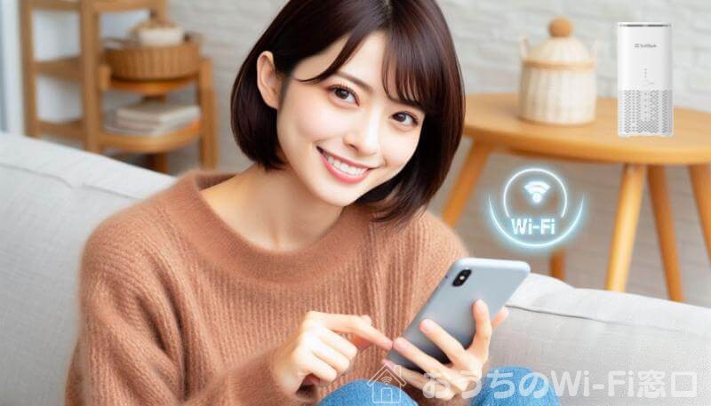 ソフトバンクエアーのAirターミナル6とリビングでスマートフォンを操作している女性